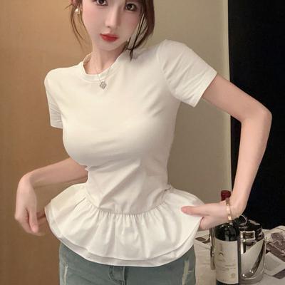 Sexy Women T-shirts Ruffles Wide Black White Fashion Lady Tees Design Tops For Girls