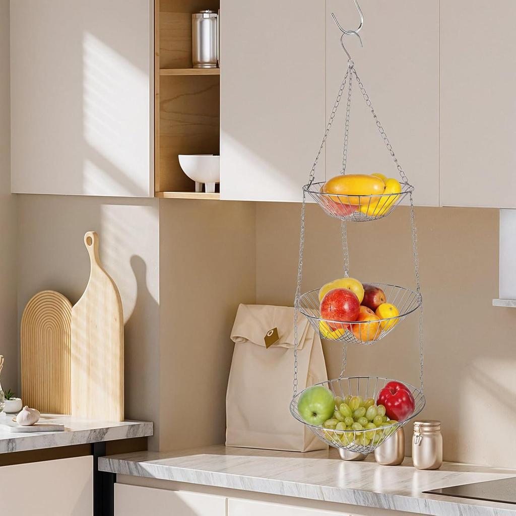Cesta de Frutas Colgante de Hierro de Tres Niveles, Metal Hueco para Almacenamiento en Cocina/Comedor