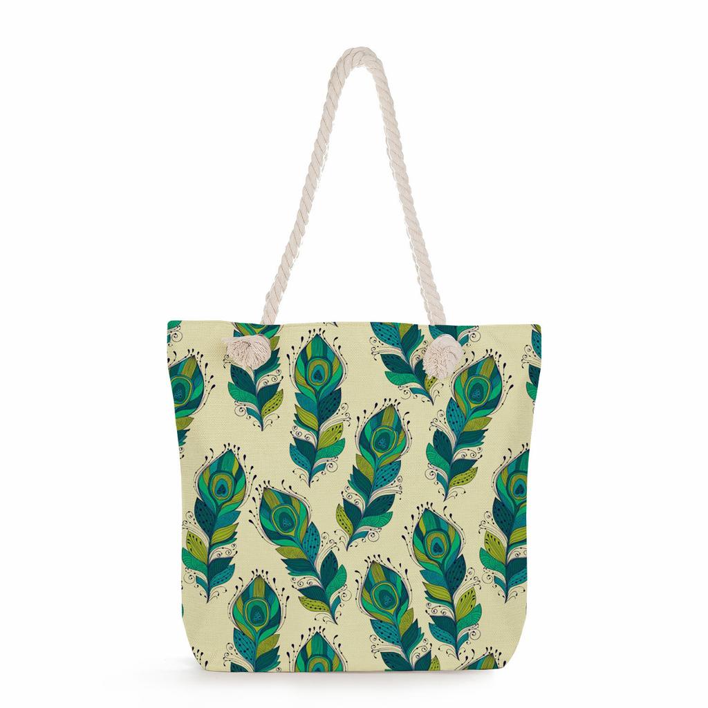 Feather print thick rope single-shoulder beach bag 7221