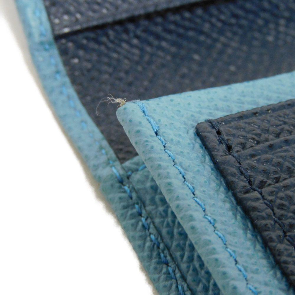 Used Bulgari Man Business Card Holder 7946 Navy Bi-Color Calfskin Bifold RFID Case (11679) Logo Metal Light Blue Men's