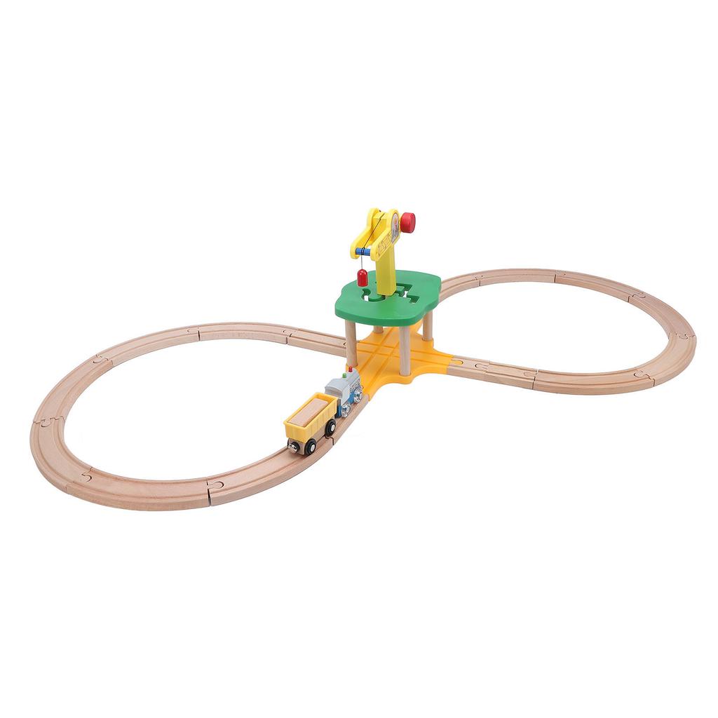 Tower Crane Wooden Train Track Set with Straight Curved Tracks Building Blocks Wooden Railway Set