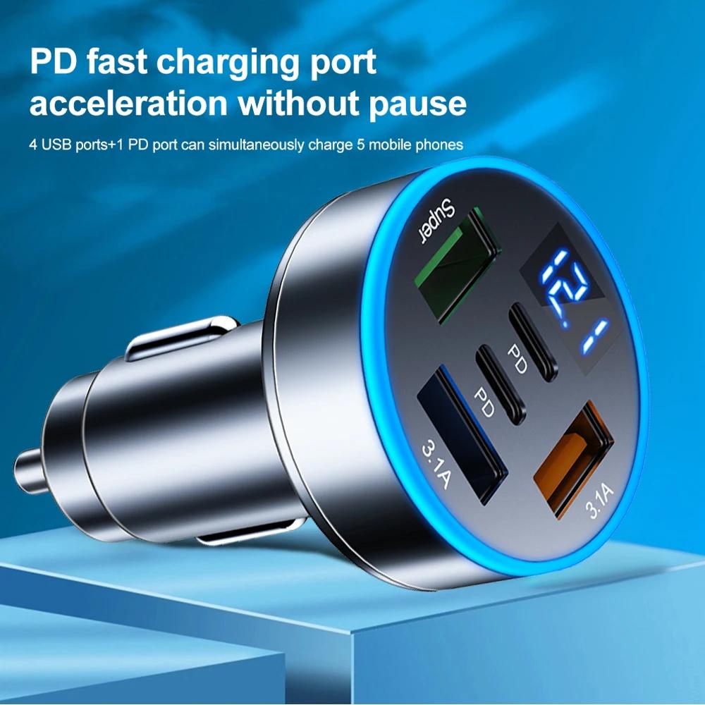 250W 5 Ports Car Charger PD QC3.0 USB C Car Phone Charger Type C Fast Charging Adapter in Car For iPhone Samsung Huawei Xiaomi