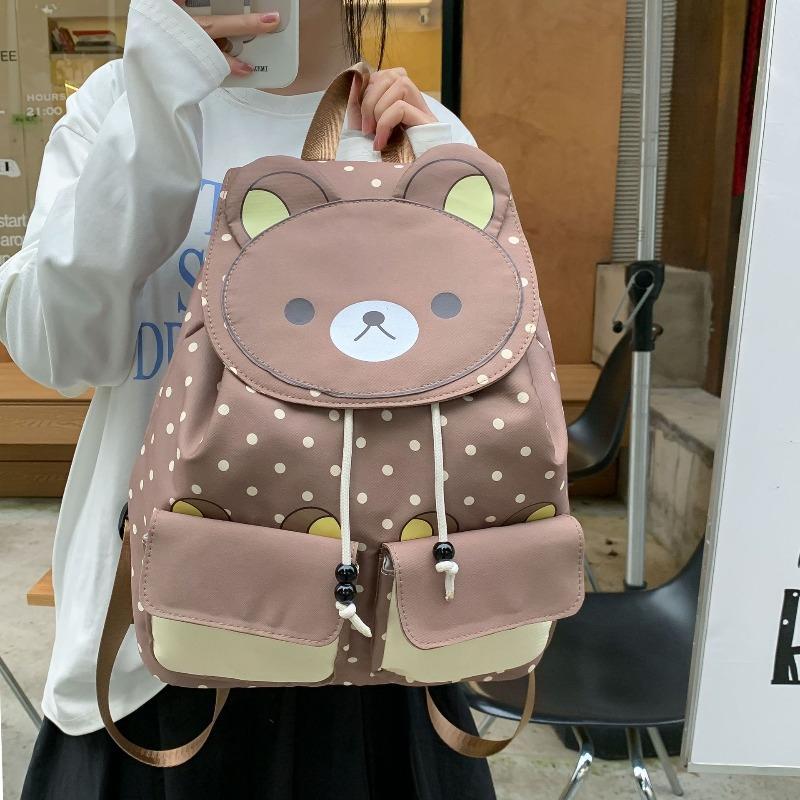 Niedlicher Cartoon Rucksack mit Kordelzug und Klappe, großes Fassungsvermögen, neues braunes Bär Pünktchen Design, Mädchenrucksack