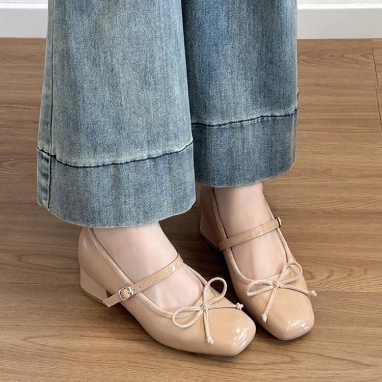 Sheepskin Version~ Genuine Leather Small Man Inner Height Increase 7CM Bow One-word Buckle Mary Jane Shoes Women's Thick Heel Retro Single Shoes