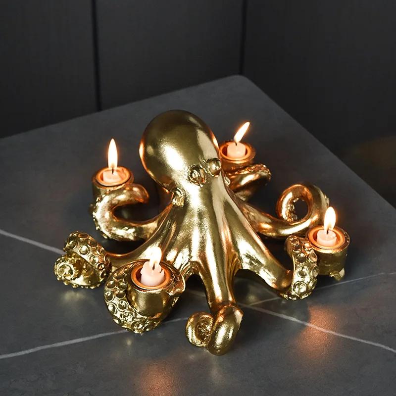 Kerzenhalter aus Harz Kandelaber Kerzenhalter Goldene Oktopus-Skulptur Oktopus-Kerzenständer Sepia Tintenfisch Heimdekoration