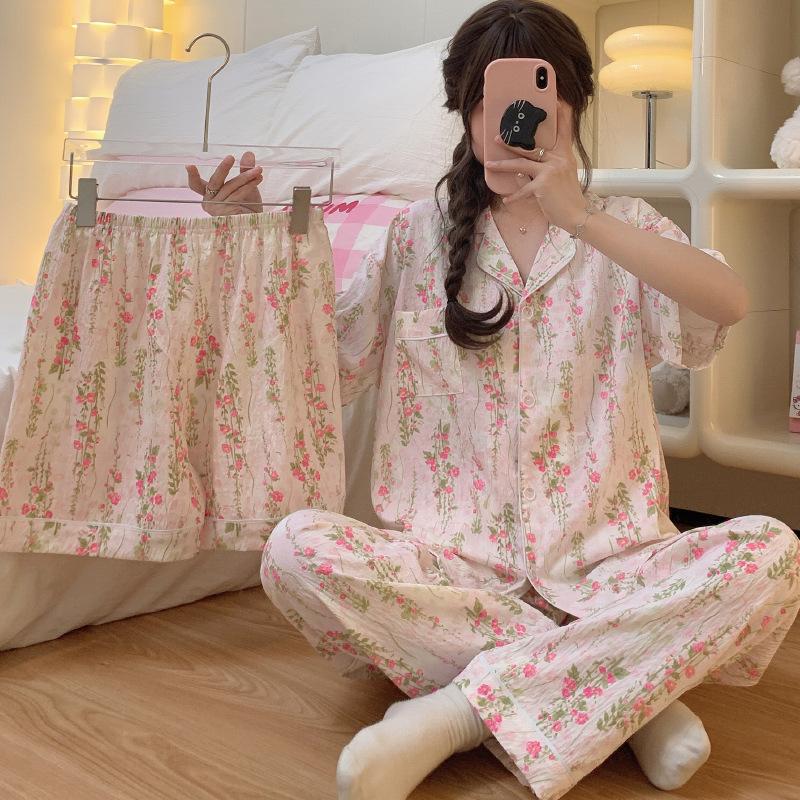 

Girl Pink Sweet Cloud Cotton Pajamas Spring And Summer Cute Floral Three-Piece Loungewear 2XL