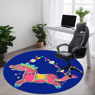 1pc Colorful Horse Ornament Chair Carpet for Office, Round Polyester Mat, Indoor Decor for Office, Easycare Fabric, Washable Non-slip Area Carpet