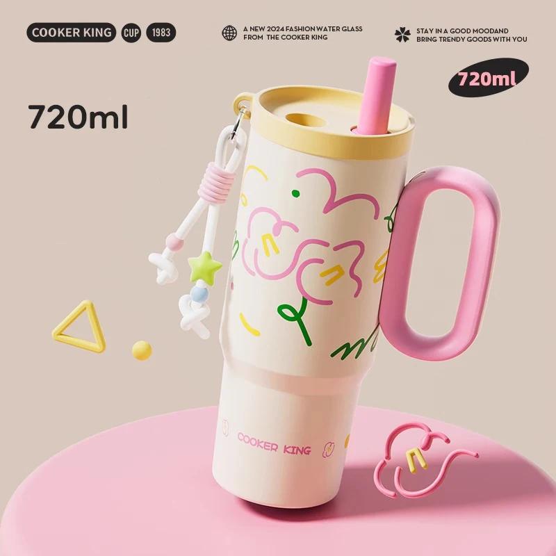 COOKER KING Stainless Steel Thermos Cup 720ML Insulated Water Bottle with Straw Leak-proof Car Vacuum Mug with Tea Strainer