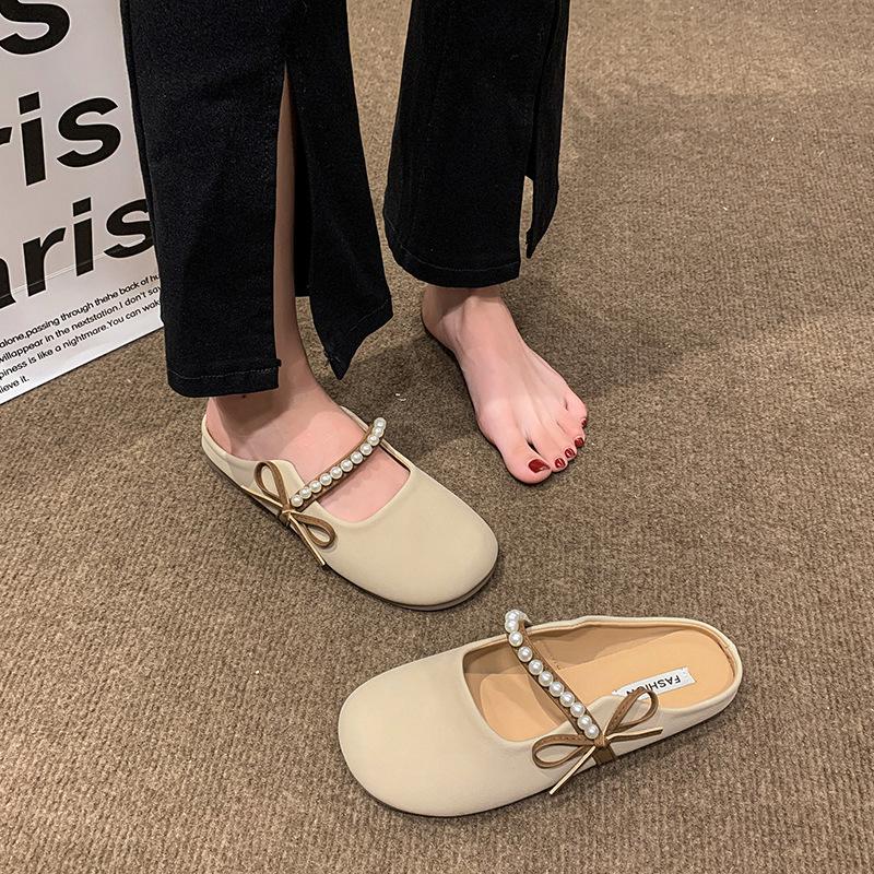 

Весна 2025 года, новые милые тапочки с бантом и жемчугом, женские туфли на плоской подошве с одной педалью 35 бежевый