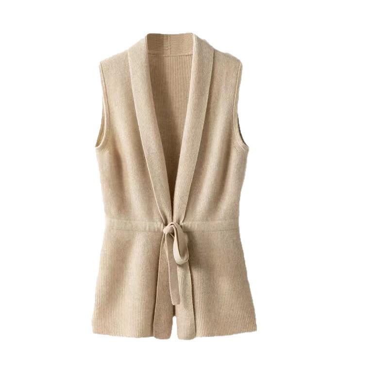 2026 Autumn/Winter 100% Wool Sleeveless Knit Vest Cardigan with Tie