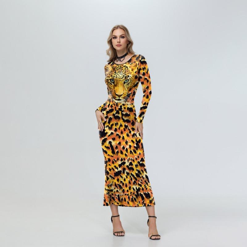 

Весенне-осеннее платье с длинным рукавом и тигровой головой, цифровая печать, круглый вырез, длинное платье для женщин S