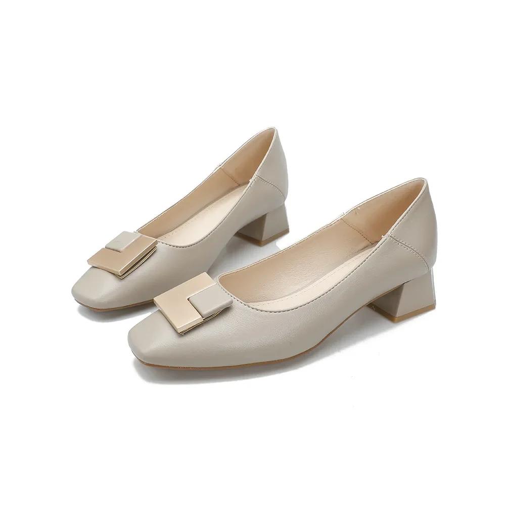 Fashion Medium Heel Single Shoes Women's Thick Heel Temperament Spring 2025 New Shallow French Soft Leather Square Head Shoes