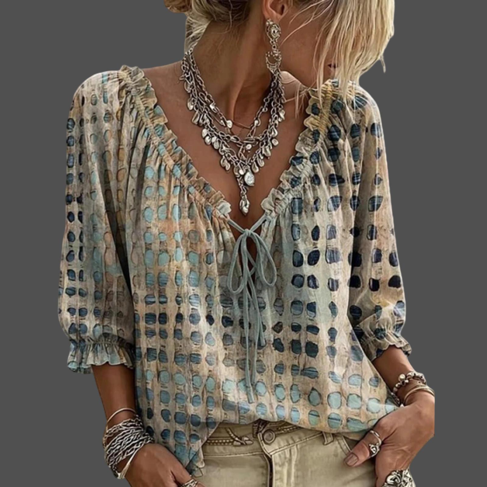 Dot pattern, tie-edge ruffled V-neck bow-front women s blouse L