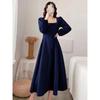 Long Dress Women Fashion Dress Women's Long-sleeved Skirt Temperament Square Collar Over The Knee Long Hepburn Style Small Black Dress