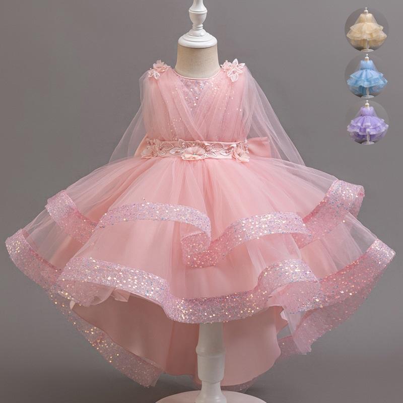 Pink Blue Purple Champagne Kids Sequined Tulle Princess Hi-Lo Dress