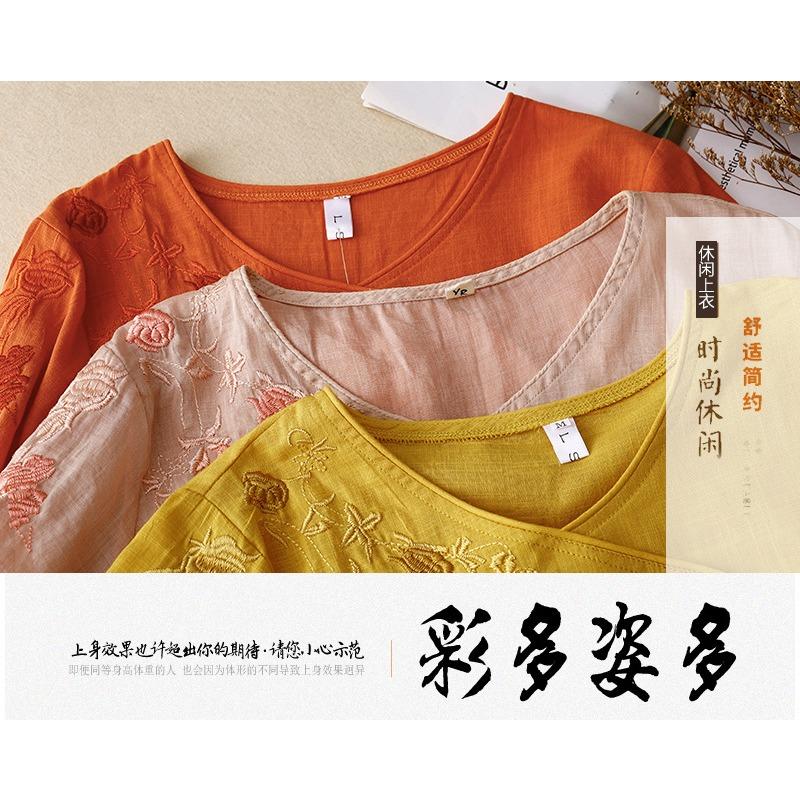 New Summer Style 700-quarter Sleeve Embroidered Shirt for Women's Literary Retro Loose Embroidered Cotton and Linen Top