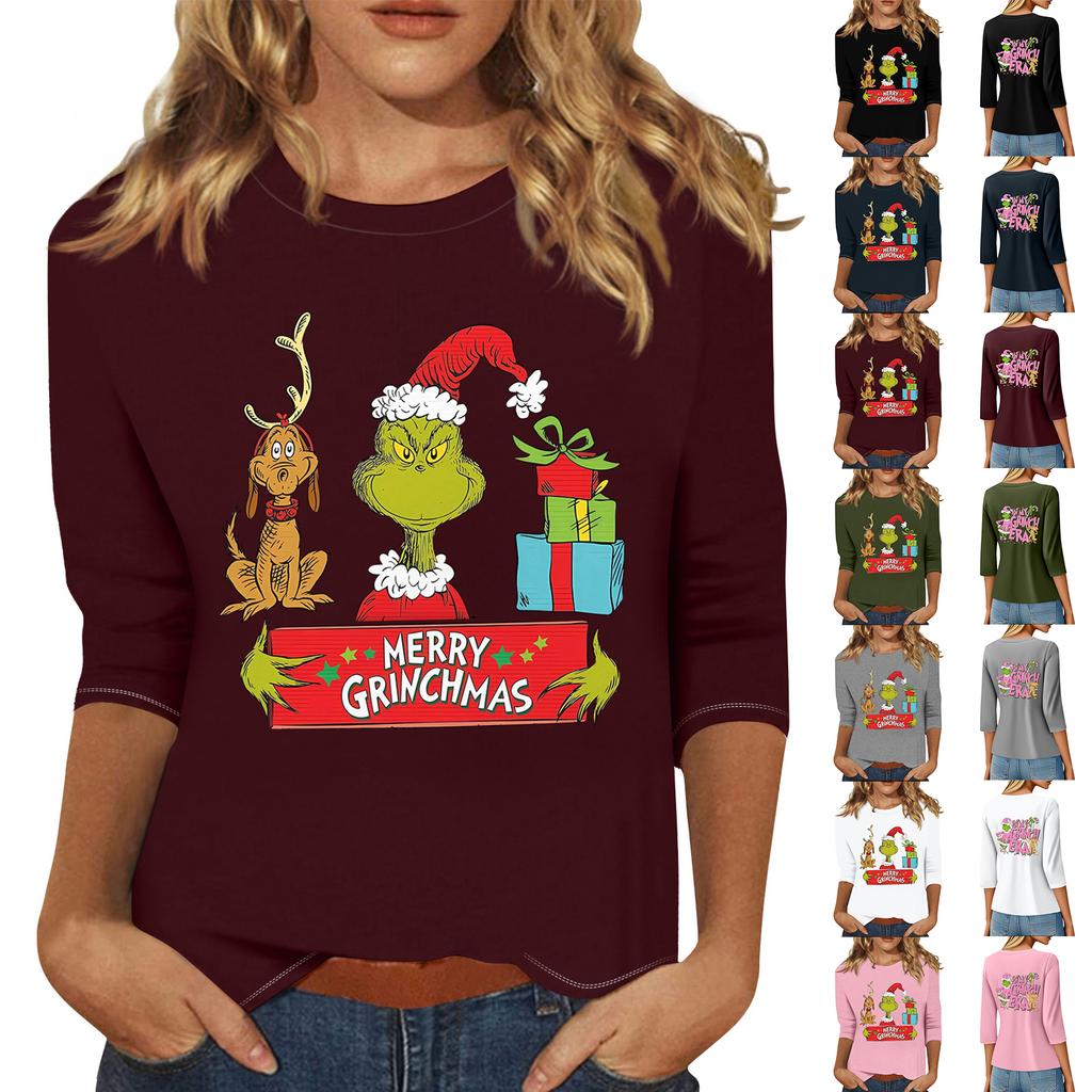 3/4 Sleeve Tops For Women T-Shirt Casual Christmas Print Tops T Shirt Round Neck Pullover Blouse