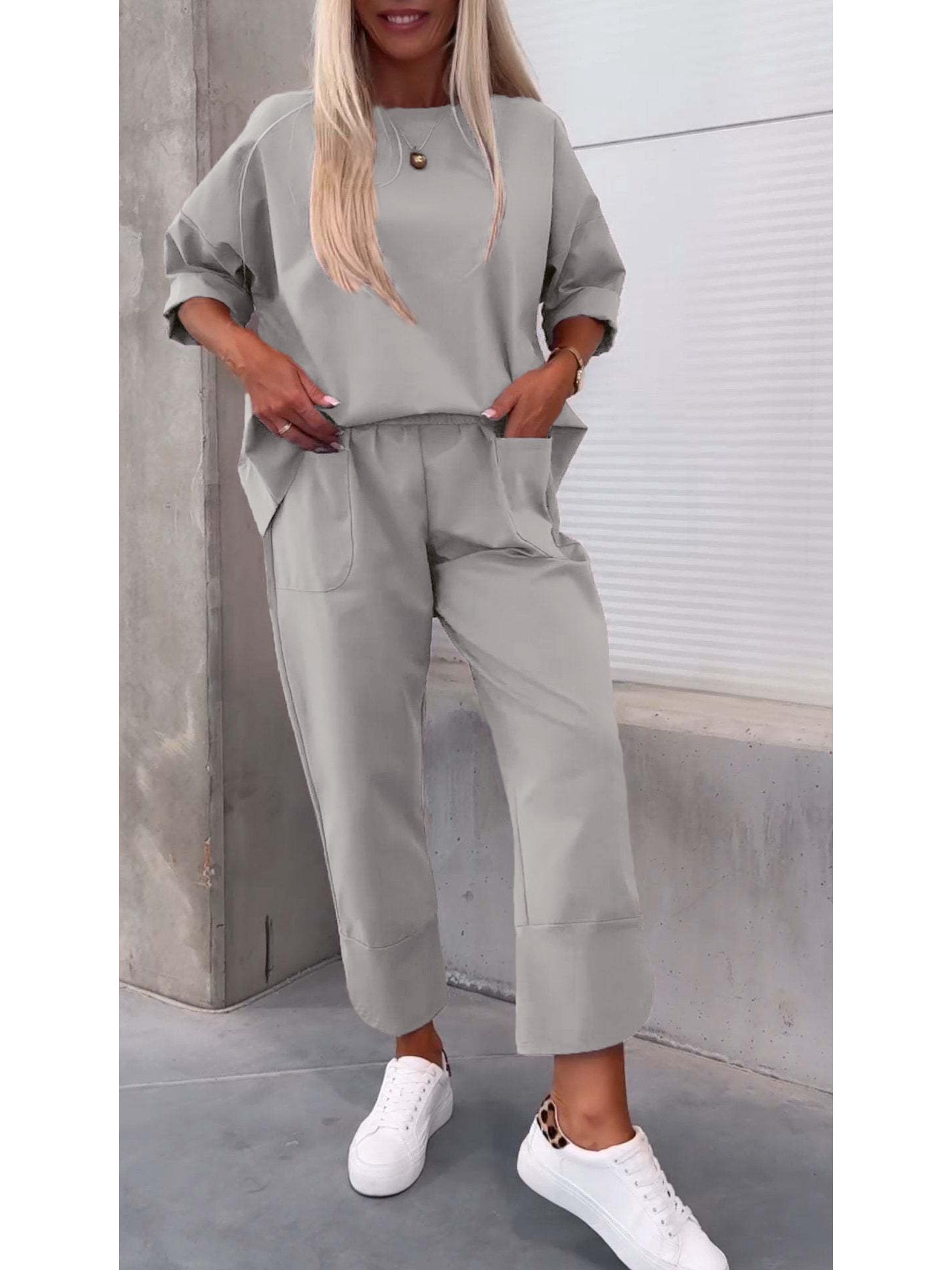 

2026 Autumn/Winter Women s Solid Color Crew Neck Long Sleeve Top & Pocket Pants Set 5XL сірий колір