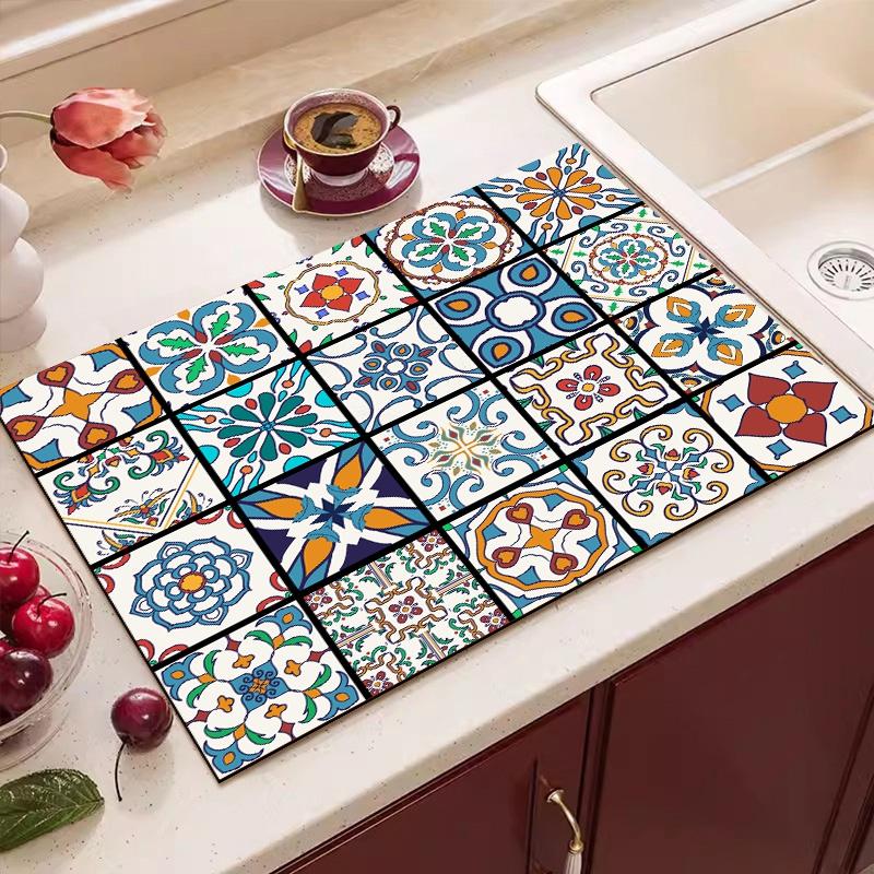 Large Kitchen Absorbent Mat American Style Draining Coffee Dish Drying Pad Printed Tableware Mats Quick Dry Tableware Placemat