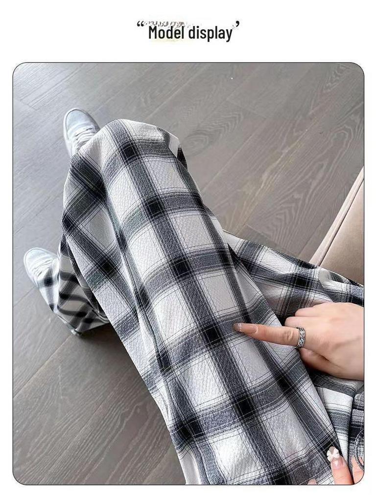 Women's High-Waist Plaid Wide-Leg Drape Pants - Black/White