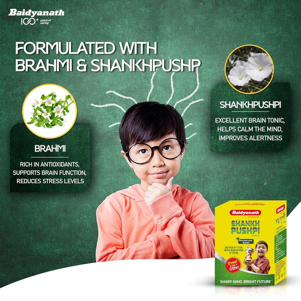 Baidyanath Shankhapushpi Sharbat 220 ml + Free 110 ml X Pack of 2 | Herbal Brain Tonic For Focus, Memory & Mental Alertness
