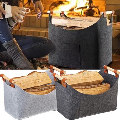Firewood Storage Bag With Wooden Handles Foldable Wood Basket Multipurpose Felt Storage Bag For Clothes Toys Firewood Organizer