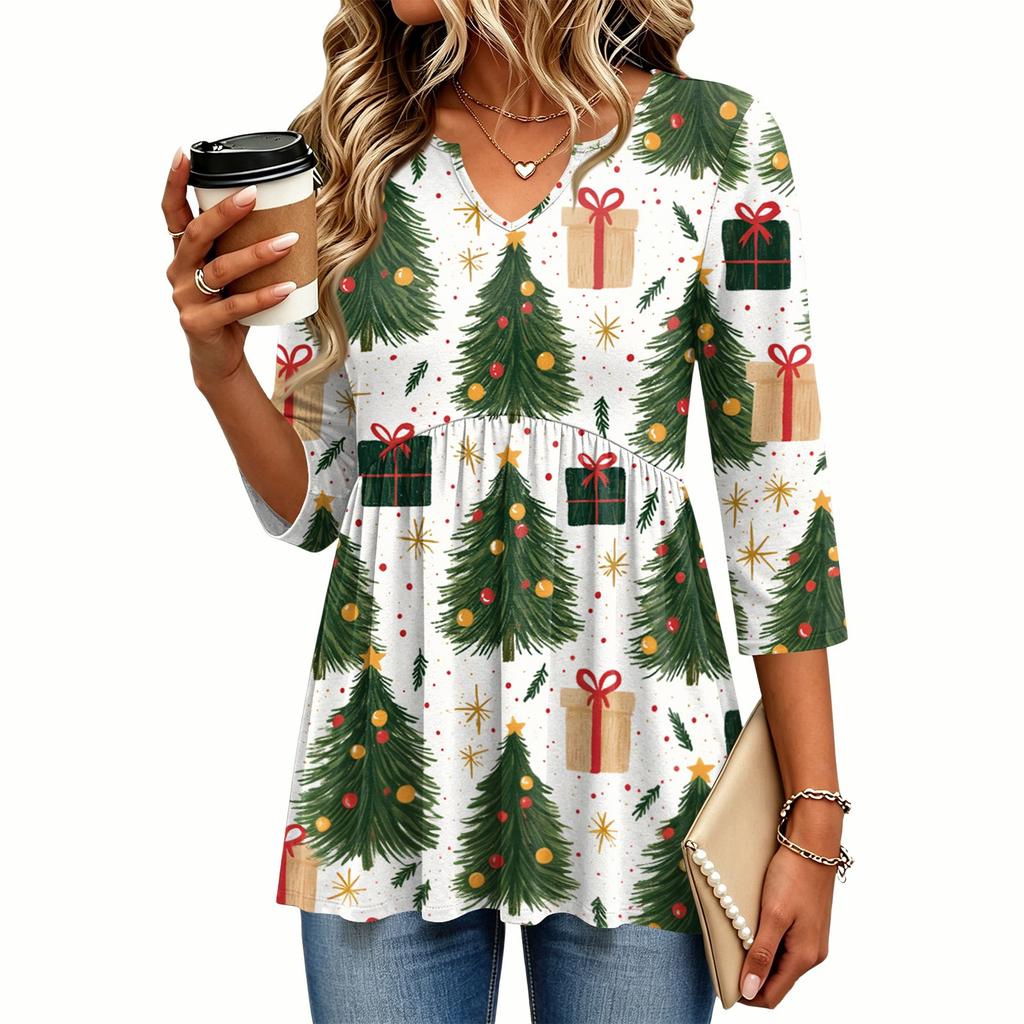 Women's Christmas Print V-Neck Three-Quarter Sleeve Casual Shirt for Holiday