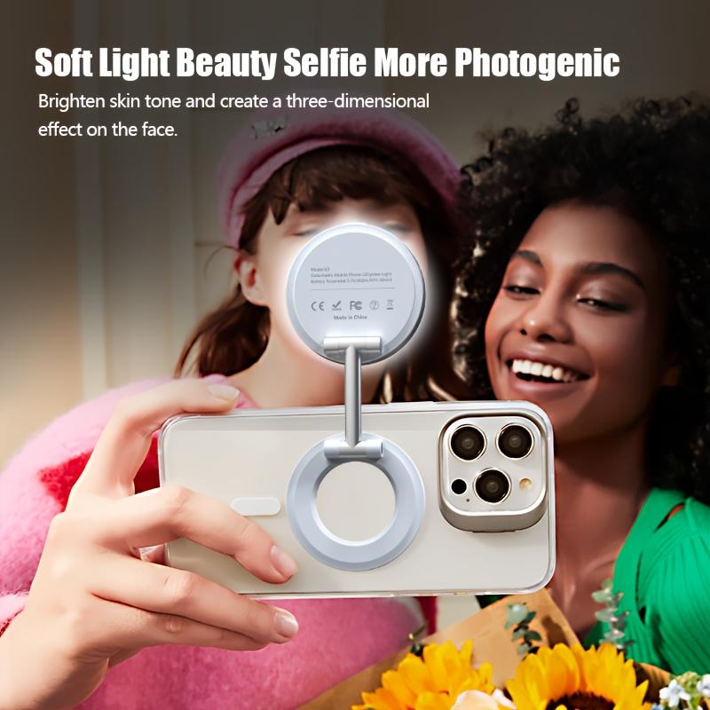 Magnetic Selfie Light, iPhone MagSafe-Compatible Phone Light. 360° LED Selfie Ring Fill Light with Foldable Stand and Mirror