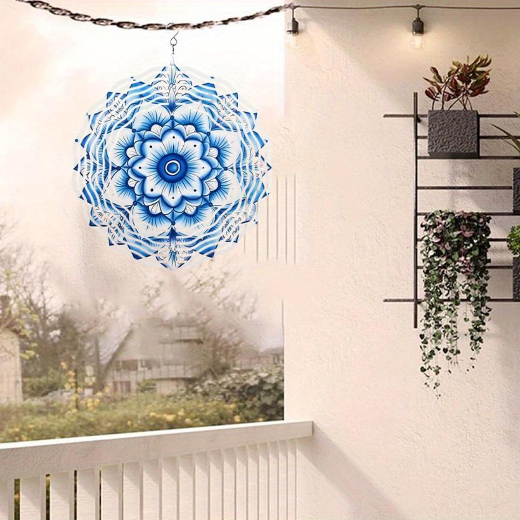 2D Mandala Flower Metal Wind Spinner - Blue & White Kinetic Hanging Decor for Indoor/Outdoor Use, Perfect Christmas & Thanksgiving Gift