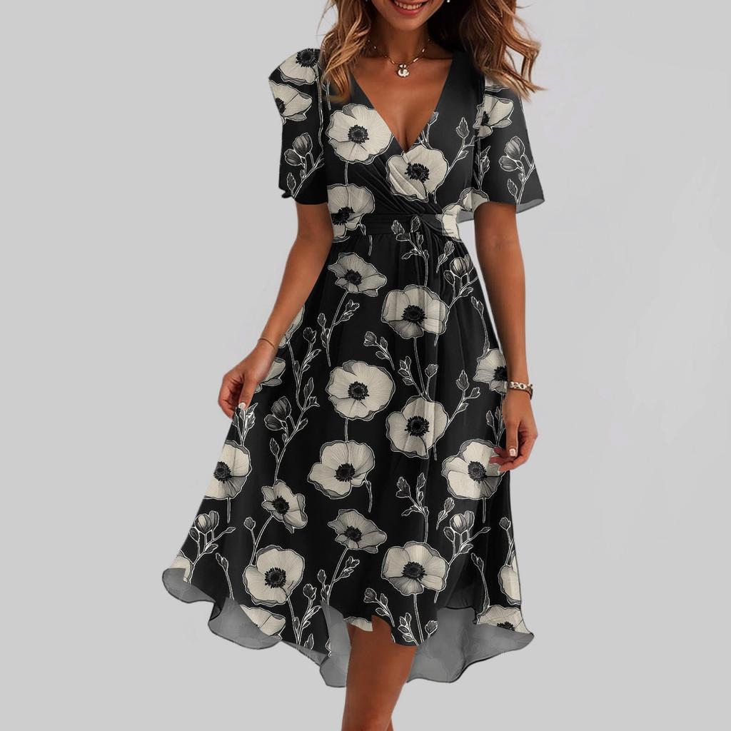 Robe Imprimée Décontractée Ample à Col en V et Manches Courtes avec Jupe Évasée pour Femme