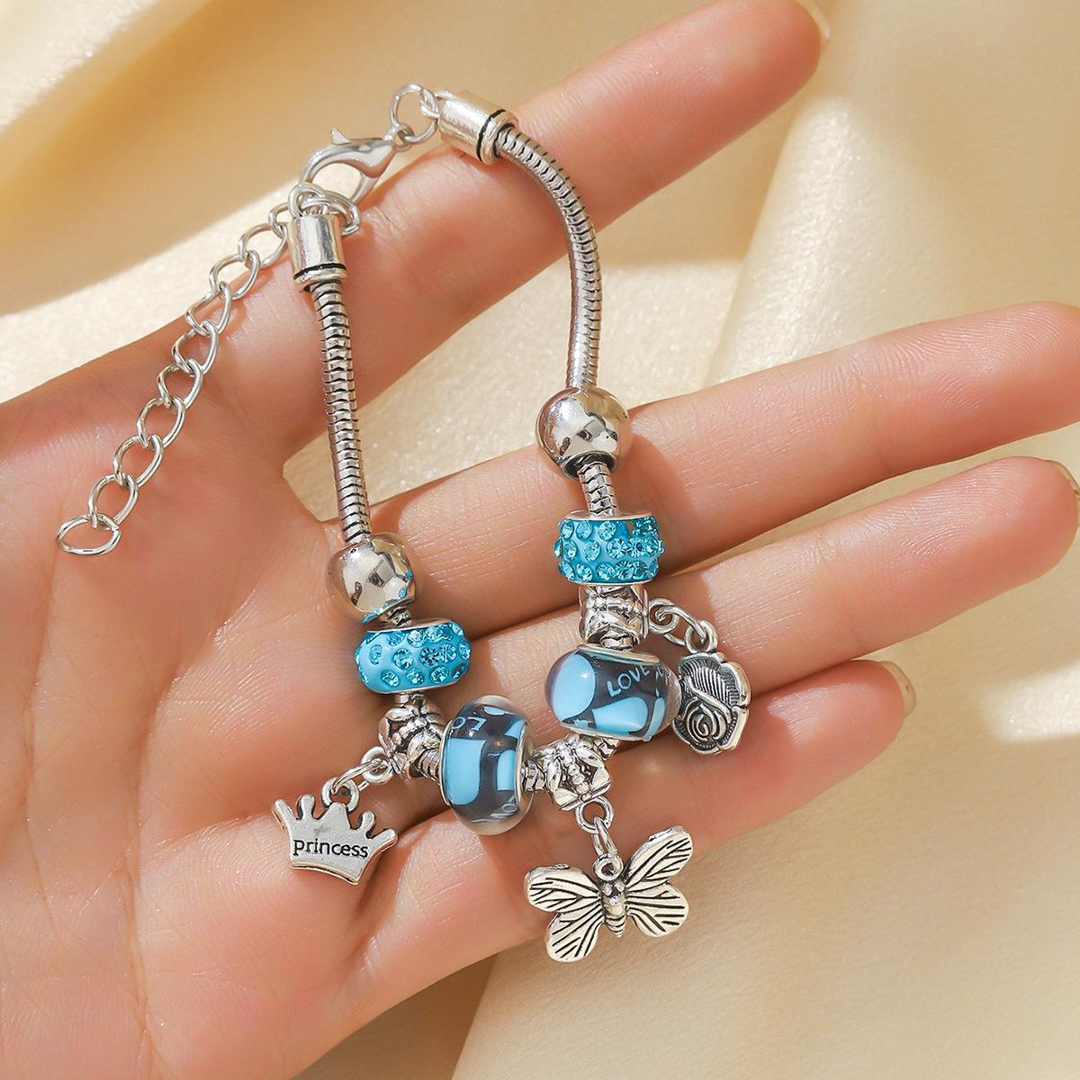 

Butterfly Charm Beaded Bracelet with Inlaid Diamonds, Adjustable Size for Women