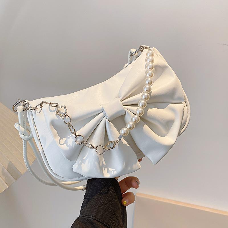 Spring Fashion Trendy Women's Pearl Chains Handbag Korean Style  New Textured Bowknot Female Single Shoulder Underarm Bag