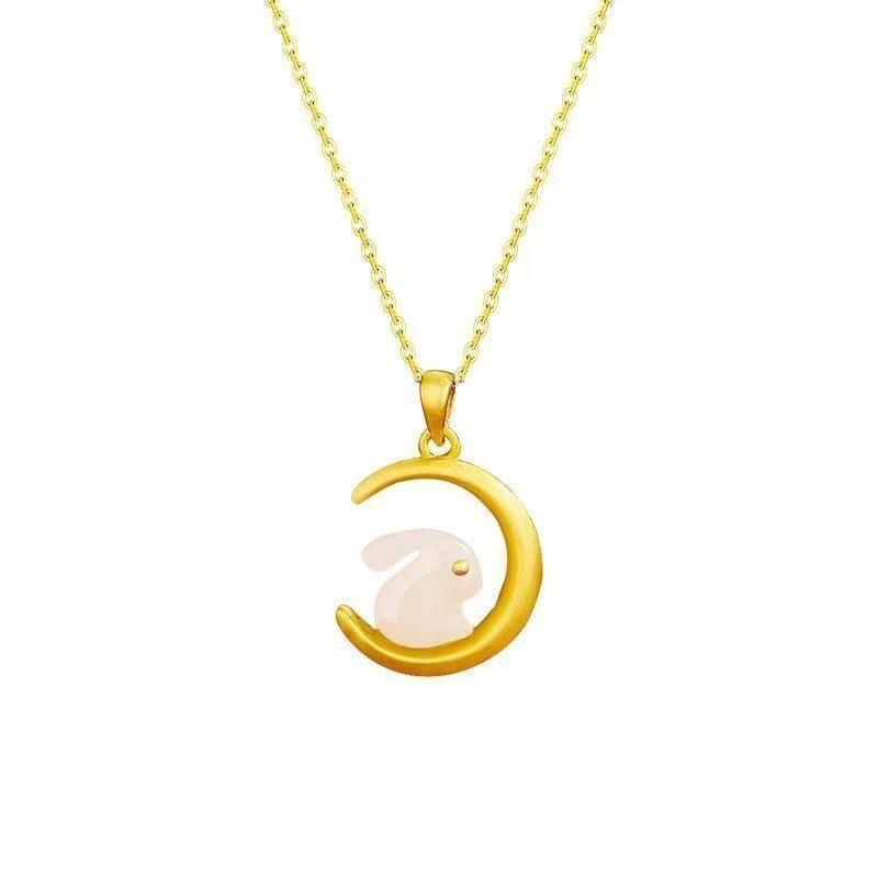 Elegant Gold Moonlit Jade Rabbit Chain Necklace – Women s Charming Jade Rabbit Embracing the Moon Pendant