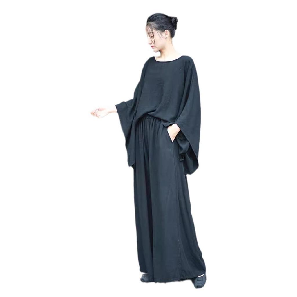 Damski Retro Cool Lniany Zestaw Top & Spodnie z Szerokimi Nogawkami - Dostępny w 3 Kolorach