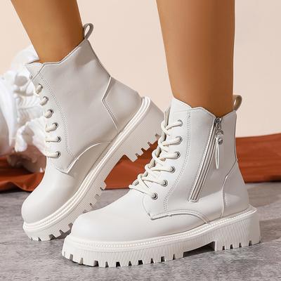 White Black PU Leather Ankle Boots Women Autumn Winter Round Toe Lace Up Shoes Woman Fashion Motorcycle Platform Botas Mujer