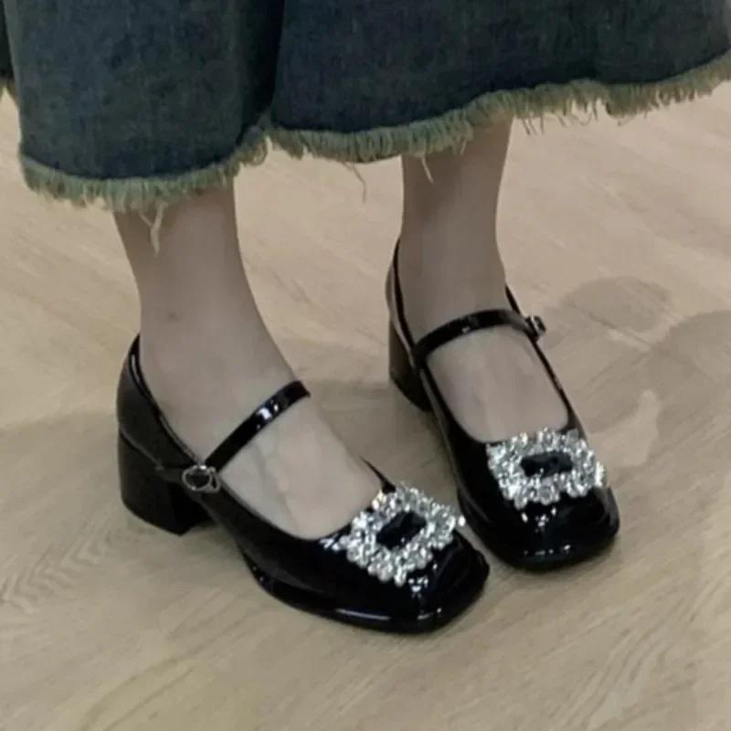 2024 Summer New Women's Mary Jane Shoes Fashion Square Head Luxury Rhinestone Square Buckle Design All-match Small Leather Shoes