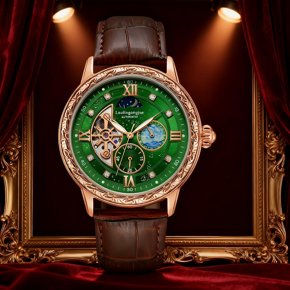 Montre Mécanique Automatique de Luxe pour Homme d'Affaires, avec un Design Squelette, Cadran Sculpté Rétro Élégant comme Cadeau Montres-Bracelets
