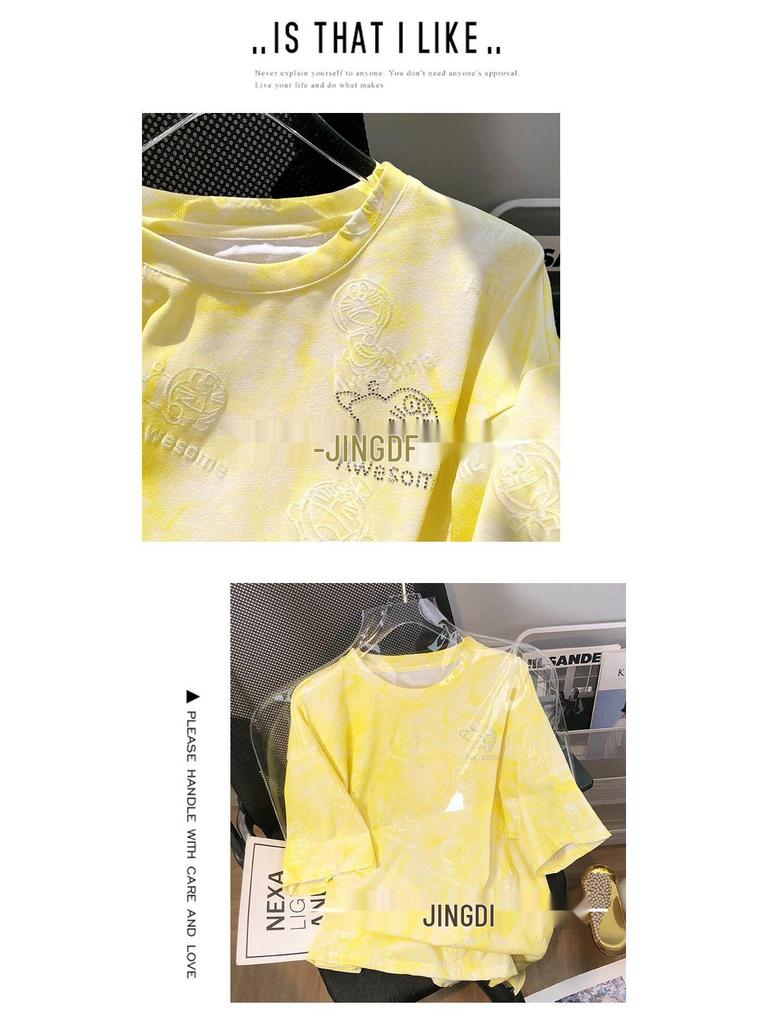 Korean Style Women's Tie-Dye Loose Fit Pure Cotton Short-Sleeve Top with Diamond Accent, Mid-Length Round Neck, Large Size.