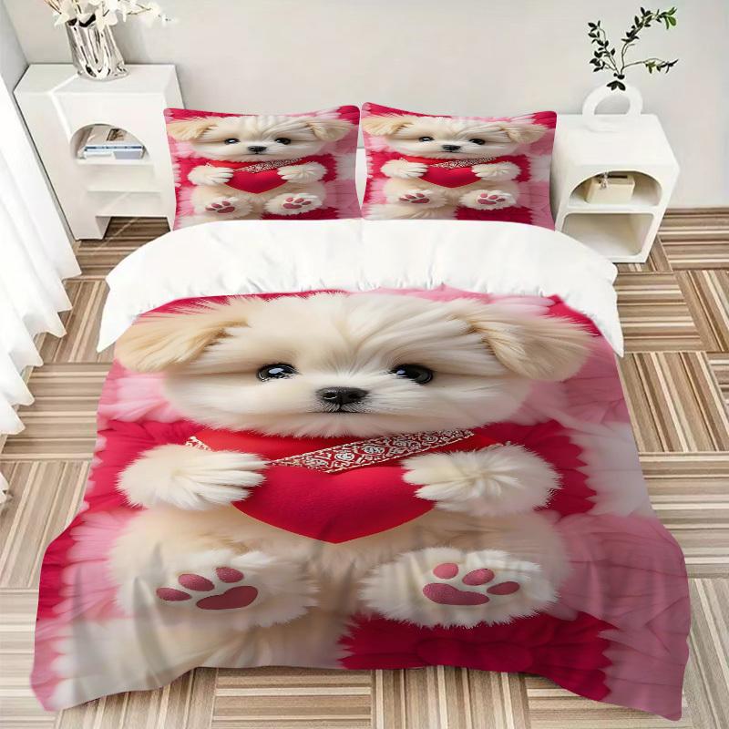 3pcs Anime Cute Dog Heart Pillowcase Set - Includes One Quilt Cover and Two Pillowcases (No Core) - Polyester Fabric, Perfect for Bedroom and Gue