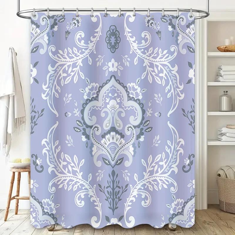 Vintage Damask Shower Curtain Set Lavender White Floral Decorative Bathroom Liner with Metal Rings 72x84 Inches for Bath or Tub