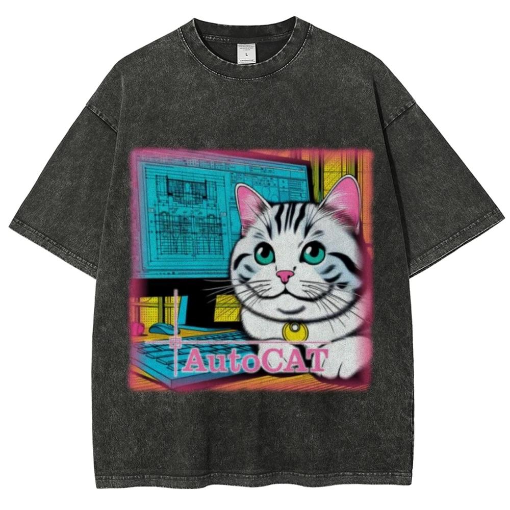 Water Wash vintage retro T-shirt big eyes cute cartoon cat print summer men's and women's Loose short sleeve