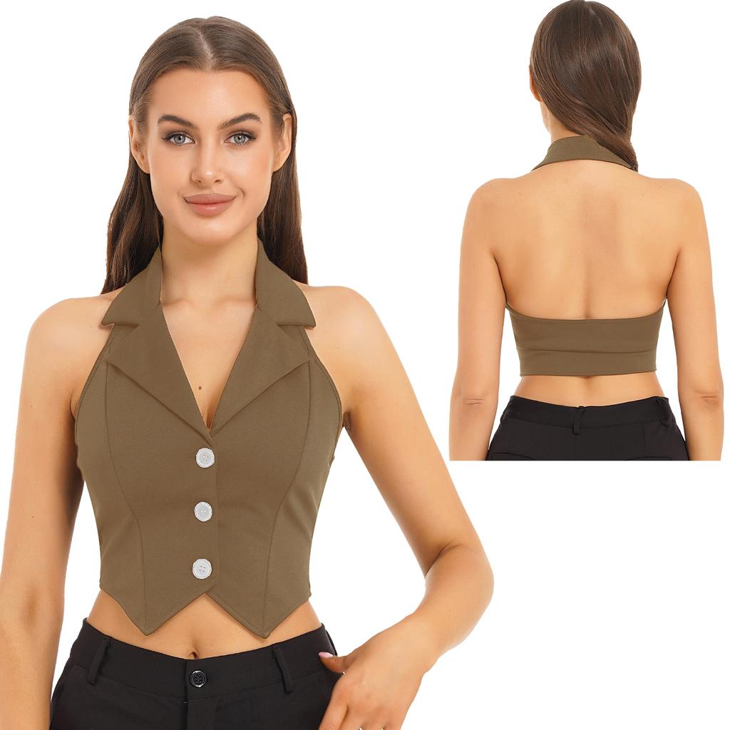Women Halter Backless Cropped Vest Tops Button Down Dressy Waistcoat Lapel Collar Casual Jackets