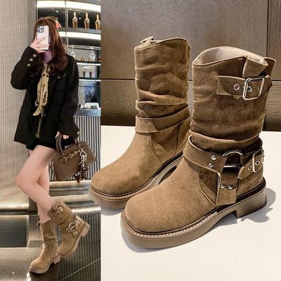 Automne nouvelles bottes de mode chaussures pour femmes tube moyen fibre de lait (soie de lait) rivet en daim automne