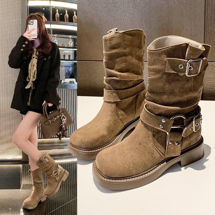 Autumn New Fashion Boots Women's Shoes Medium Tube Milk Fiber (milk Silk) Suede Cloth Rivet Autumn