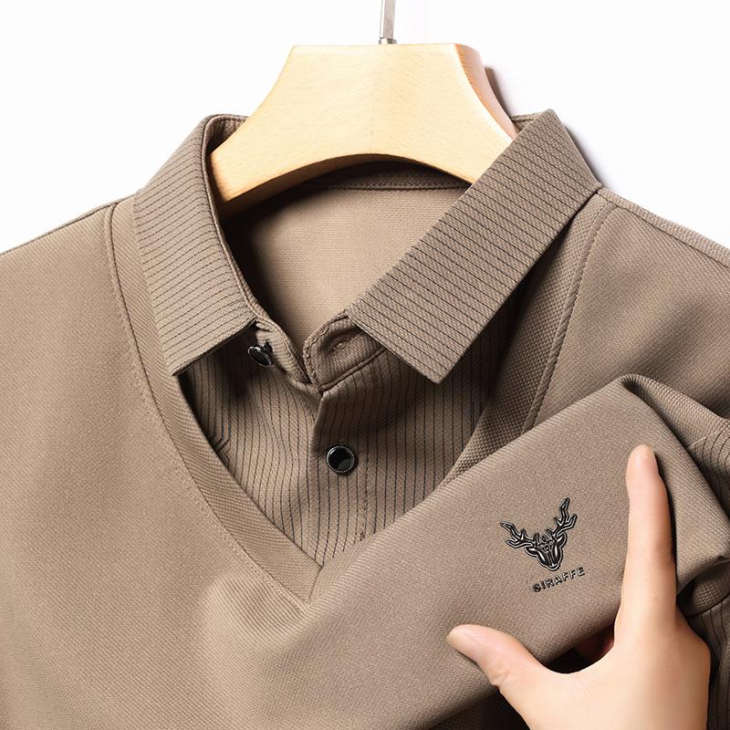 Autumn New Men'S Luxury Brand Embroidered Long Sleeved Polo Shirt Striped Fake Two-Piece  Soft Lapel T-Shirt Men'S Clothing