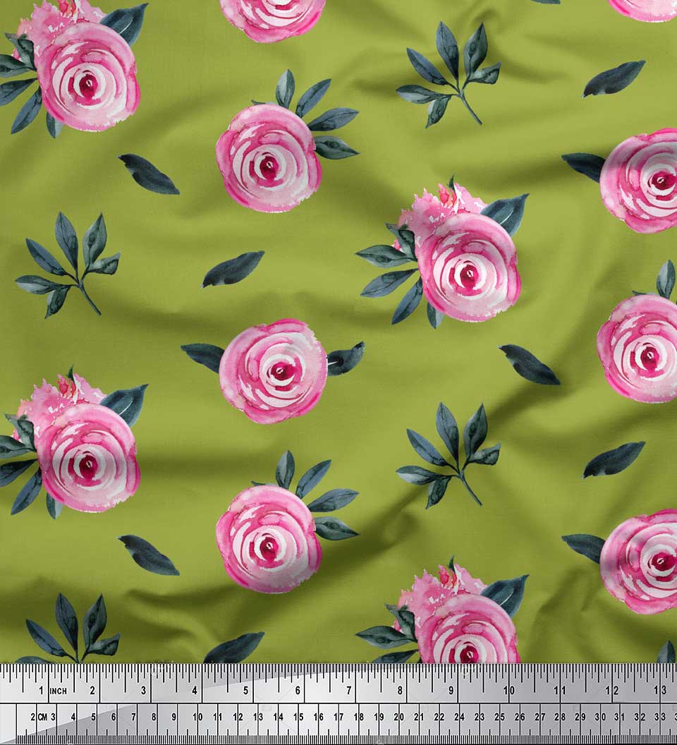 

Soimoi Blue Poly Crepe Fabric Leaves & Ranunculus Floral Decor Fabric Printed metre 42 Inch 42 Inch Wide - Poly Crepe зелений