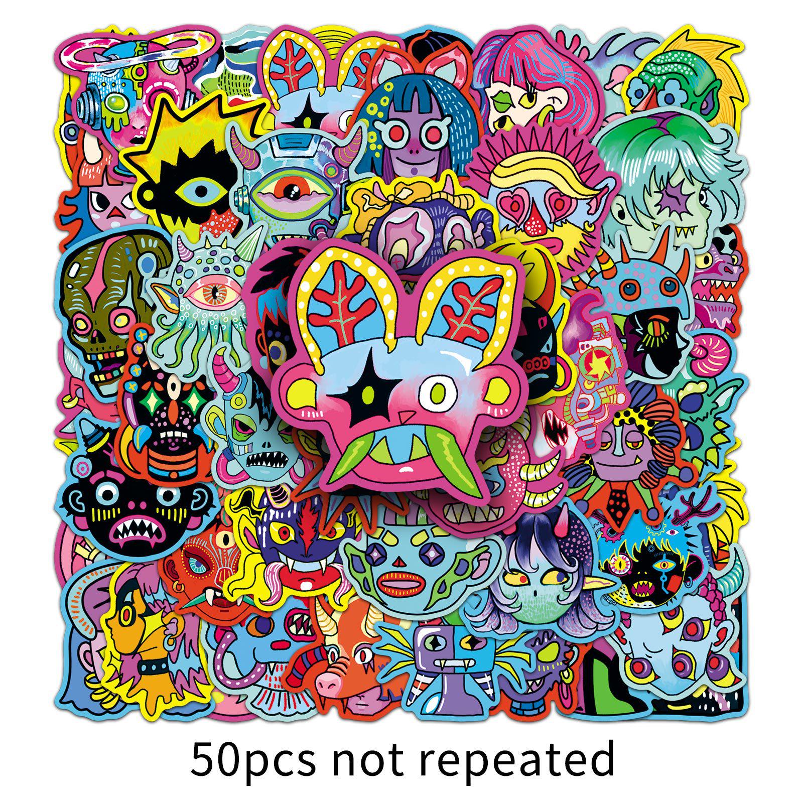 50 Original Hand-Painted Bizarre Stickers: Trendy, Slightly Scary, Waterproof for Skateboards & Helmets