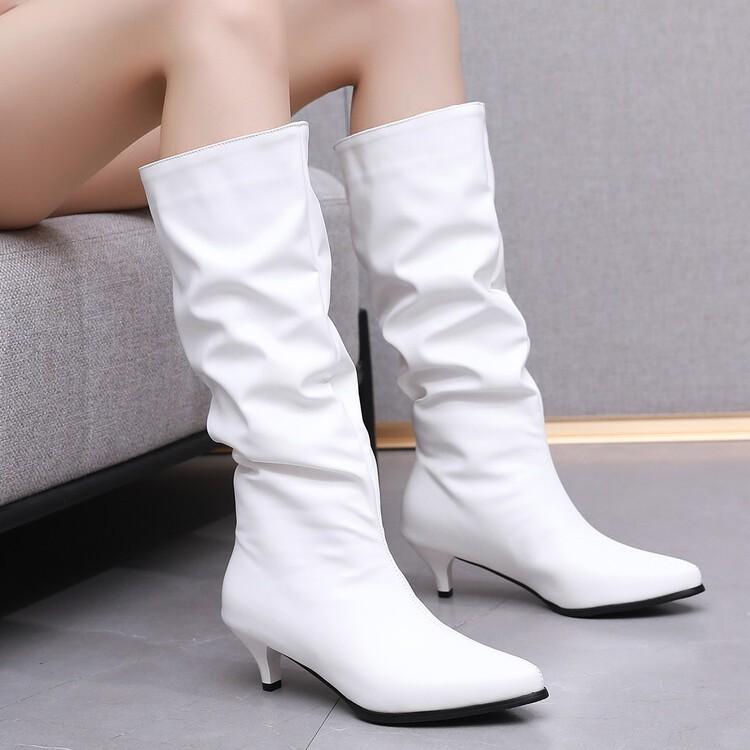 Low Heel High Leather Boots Foreign Trade European and American Folded Boots Women's Shoes Large Size Women's Boots Women's Knee Boots Solid Color