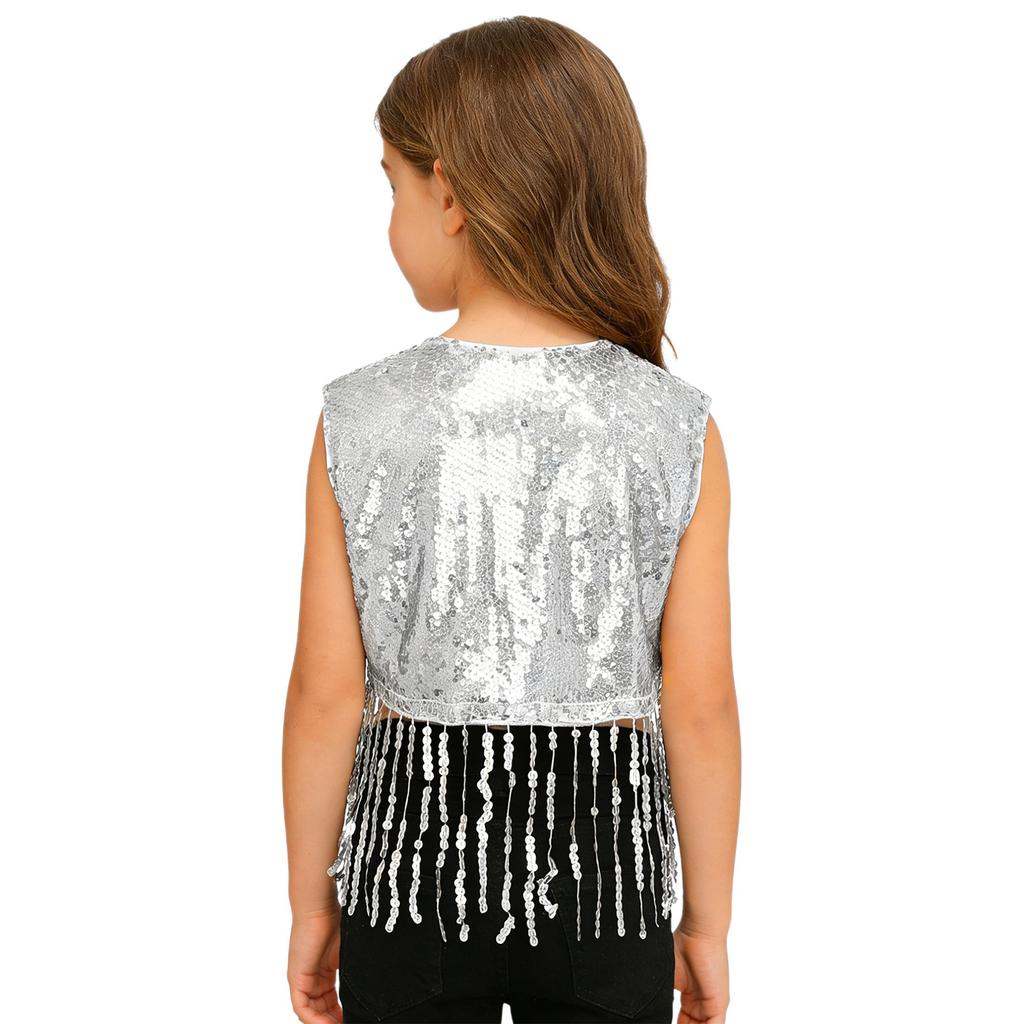 Girls Shiny Sequin Tassel Vest Sleeveless Open Front Fringed Crop Top Waistcoat for Jazz Dance