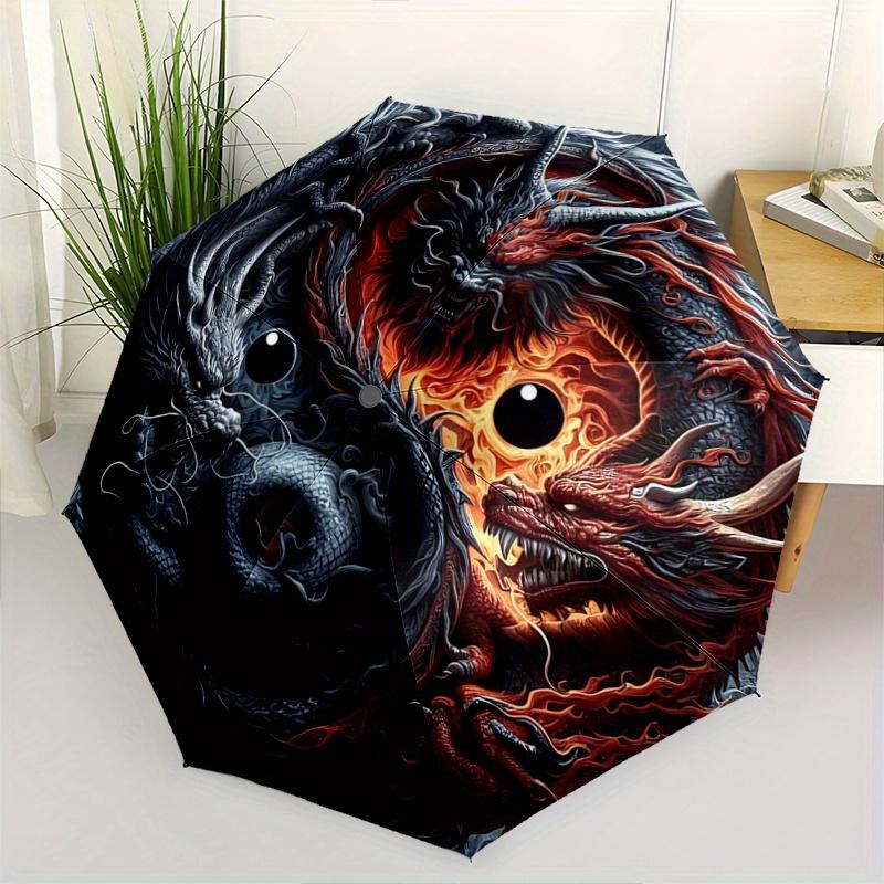 1pc The Epic Battle of Red and Black Dragons Pattern Automatic 3-Fold Umbrella, 8 Iron Frames, High-Value Folding Umbrella, Suitable for Office,